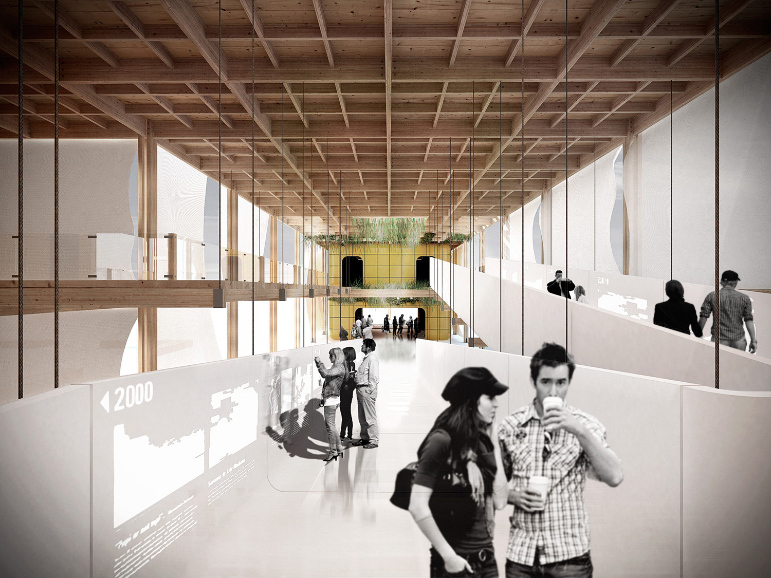 “在體積構(gòu)成挫折創(chuàng)建內(nèi)部區(qū)域用于社交聚會和活動。其中非常大的地區(qū)，稱為“巴西”廣場，周圍是其他兩個休息區(qū)。它也可能觀察到藤架空間，工作交叉流通渠道。”