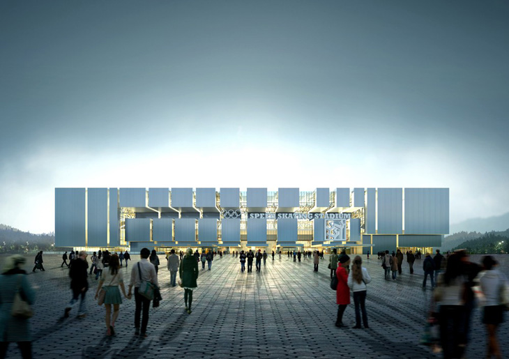 在江陵速滑體育場和體育中心是一家集設計由Samoo建筑師和工程師。在一個部分的中心是為了協調與自然，另一方面象征著冬季奧運會的精神。它坐落在江陵，韓國一個網站，就曾被用于垃圾處理，但現在長滿松樹豐富的一塊土地。設計背后的想法是利用自然，舞臺，廣場為“三層”生產布局，將溝通，協調與周圍的環境。